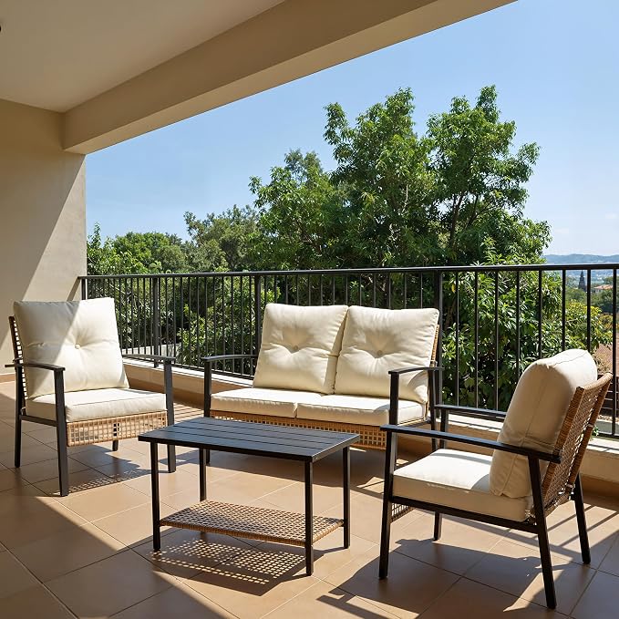 Deersky 4 Piece Outdoor Patio Furniture Set, All-Weather Modern PE Wicker Rattan Conversation Set with 4" Cushions for Comfortable, Easy to Assemble, Cream White