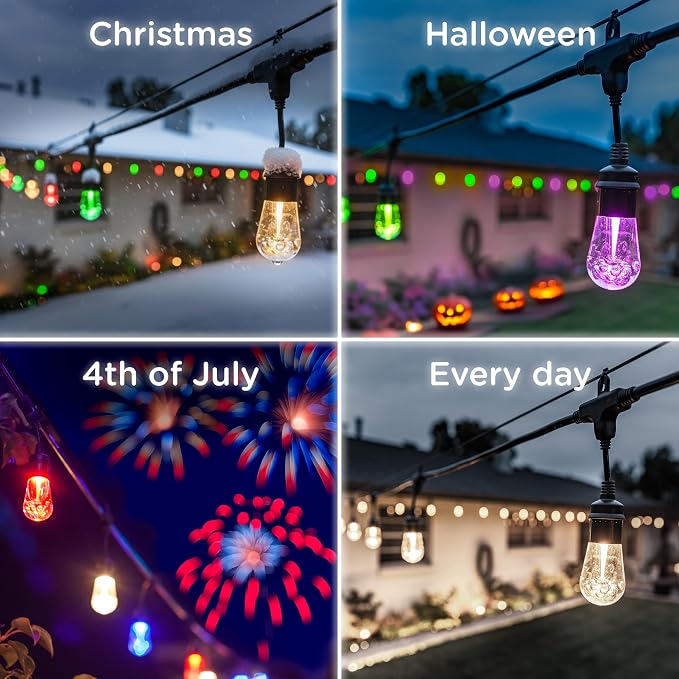 Enbrighten Vintage Outdoor String Lights, 48ft, 24 Bulbs, Remote Control | Coloring Changing LEDs, Weatherproof, Shatterproof Acrylic Bulbs, Drop Cord, Easy Install Keyholes, Linkable up to 750ft