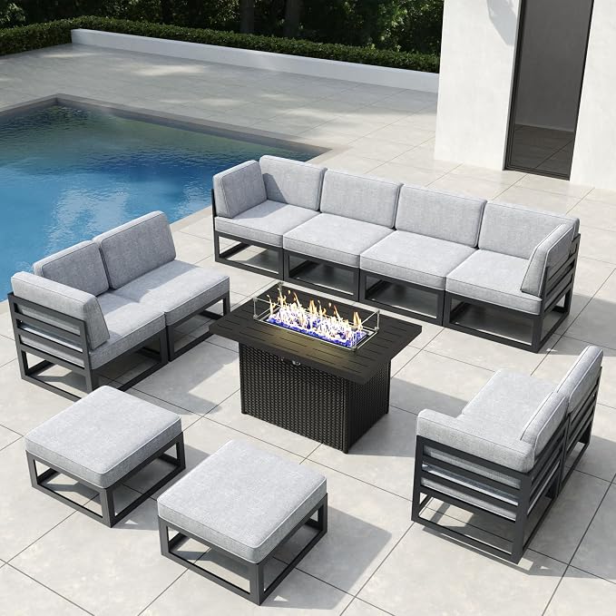 11 Pieces Aluminum Patio Furniture Set with Propane Gas 44" Fire Pit Table, Metal Outdoor Conversation Sofa Set with Seating Cushions