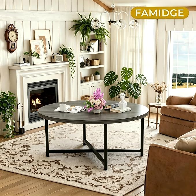 FAMIDGE Coffee Table, 31.5" Large Round Coffee Table for Living Room, Center Tables for Family & Office Use, Outdoor Coffee Table Round, Gray(31.5" D x 17.7" H)