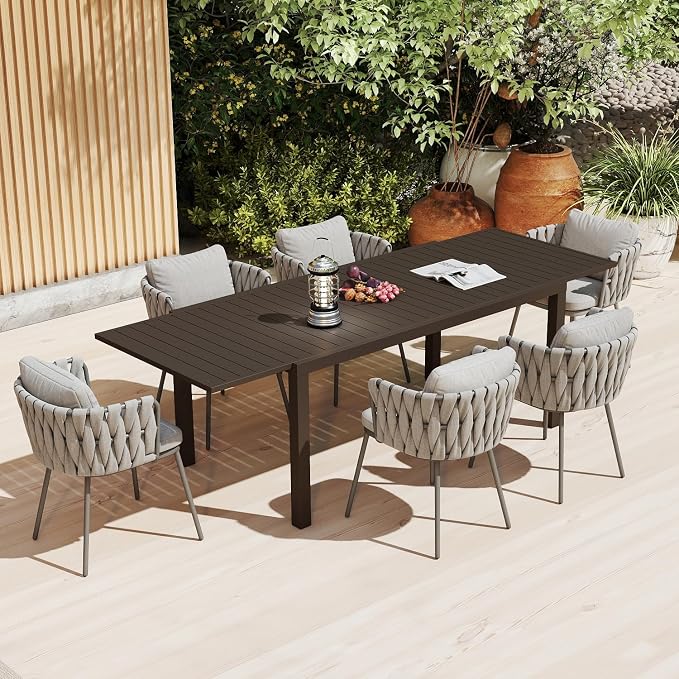 Domi Outdoor Expandable Dining Table for 6-8, Aluminum Extendable Dining Table 65"-97" with Umbrella Hole, Metal Outdoor Patio Table Rectangle for Backyard Garden