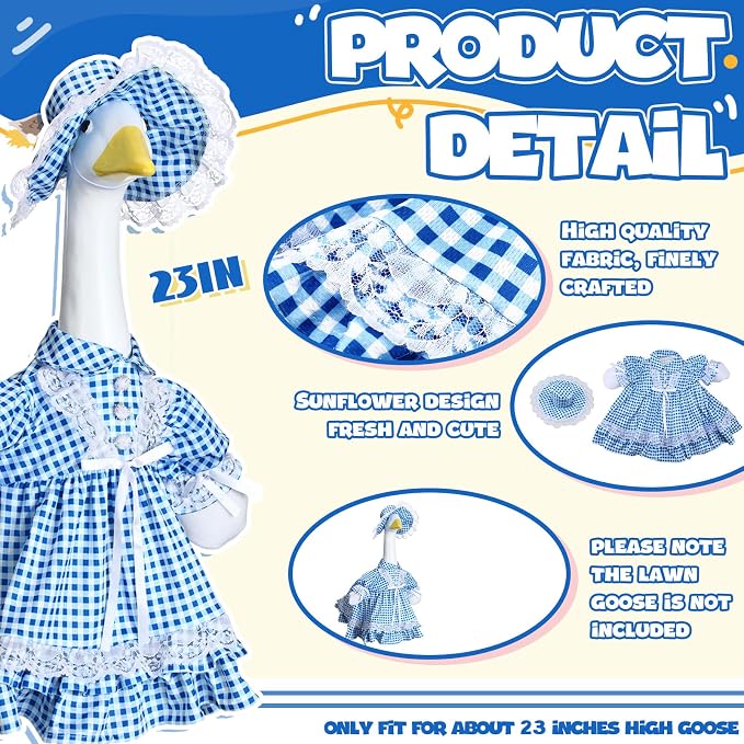 Soulchen 1 Set Summer Blue Plaid Porch Goose Outfit 23 Inch Cement Goose Clothes Dress and Hat Costume Set for Summer Holiday Lawn Garden Yard Decor