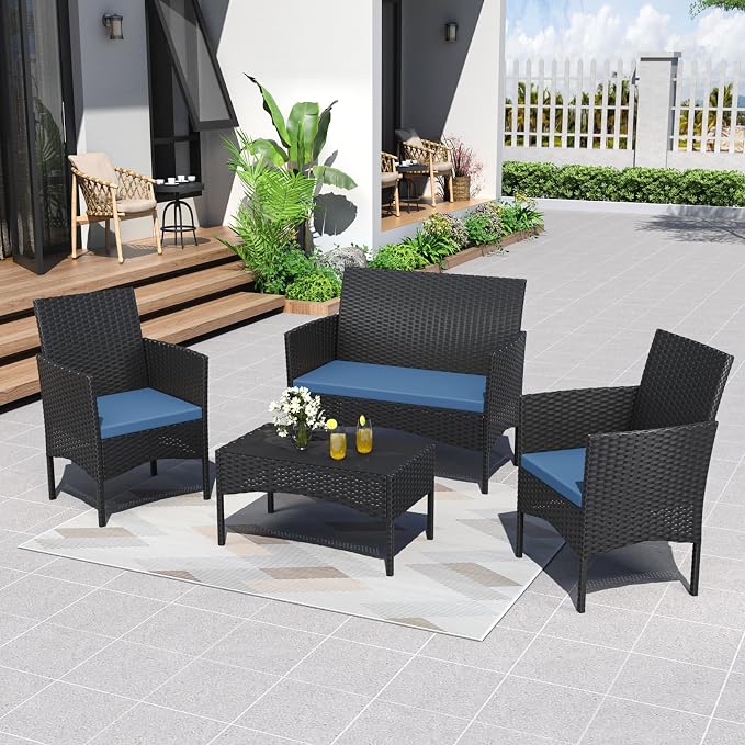 ALAULM 4 Pieces Patio Furnitrue Set Outdoor Patio Conversation Set Wicker Chairs w/Soft Cushions and Glass Coffee Table Outdoor Settees for Backyard, Porch, Poolside(Dark Blue)