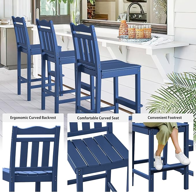 nalone 3 Pcs Outdoor Bar Table and Chairs Set, HDPE High Adirondack Chairs and Table Set, Outdoor Bar Stools Set for Garden, Yard, Backyard Balcony