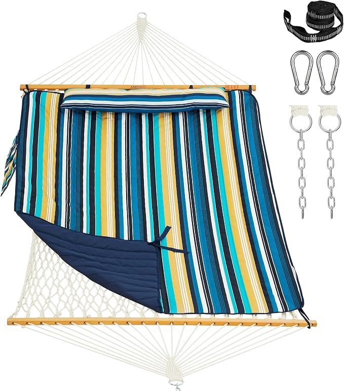 Lazy Daze Hammocks Rope Hammock with Pad, Spreader Bar, Carabiners, Tree Straps, Chains for Outside Patio- Max 450 Lbs, Beach