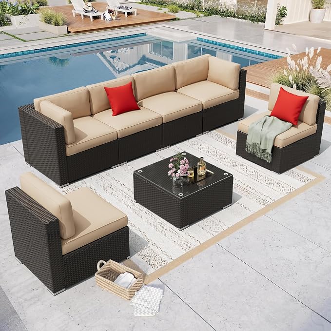 8 Pieces Outdoor Patio Furniture Set with Waterproof Cover, Black Brown Wicker Patio Sectional Sofa Set, Outdoor Couch with Cushion and Tempered Glass Table, Beige