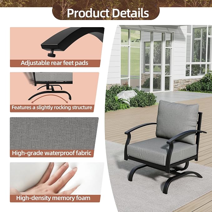 Kurapika Metal Patio Furniture Set 5-Seat Modern Metal Bistro Set Outdoor Conversation Sets, 2 Piece Patio Rocker Chairs with Thick Cushion and Coffee Table for Garden Backyard Deck Lawn, Grey
