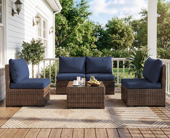 5 Pieces Patio Furniture Set with Glass Table, Outdoor PE Rattan Sectional Sofa with Soft Cushions for Backyard, Porch, and Poolside (Blue, 5 PCS w/Table)