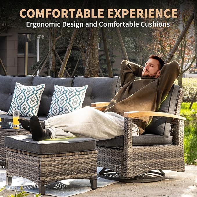 MEISSALIVVE 10 Pieces Patio Furniture Sets,Wicker Patio Conversation Sets with 4 Wood Armrests Swivel Glide Chairs, 2 Ottoman, 3-seat Sofa and Coffee Table (Grey)