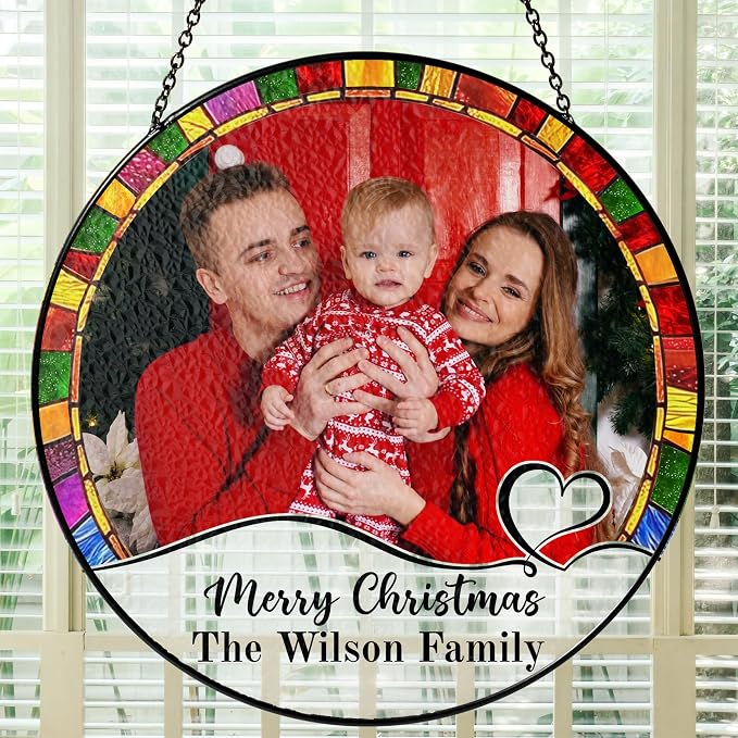 Personalized Stained Glass Christmas Suncatcher – Custom Family Photo Window Decor – First from Mom and Dad – Merry Christmas Family Ornament Keepsake