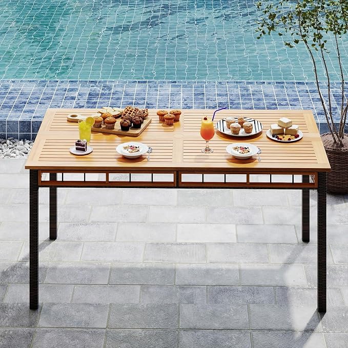 HAPPYGRILL Acacia Wood Outdoor Dining Table 63", 4-6 Person Rectangular Metal Patio Table with Umbrella Hole and Rattan Legs, Slatted Outdoor Furniture for Garden, Poolside, Backyard and Deck