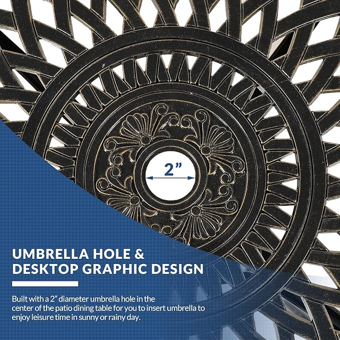 31 Inch Outdoor Dining Table Round Patio Bistro Table Bronze Cast Aluminum Rustic Large Table with Umbrella Hole