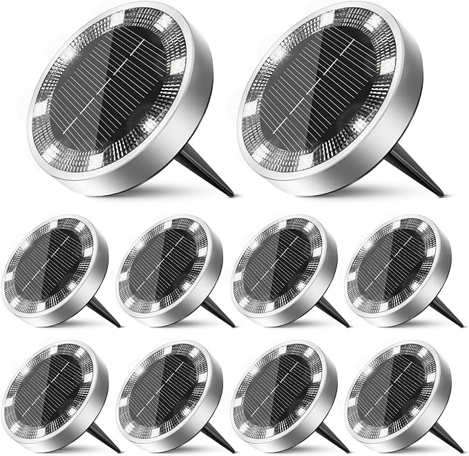 10 Pack Solar Ground Lights Outdoor, 8 LED Mini Flat Solar Disc Lights, IP65 Waterproof Pathway Lights Solar Powered, Landscape Lighting for Garden Walkway Driveway Yard Lawn,Cool White