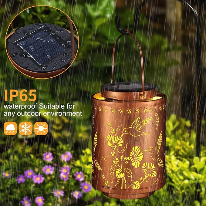 2 Pack Solar Lanterns Outdoor Waterproof Garden Decor Gifts for Women | Metal Hanging Solar Lights Decoration for Outside LED Lanterns for Yard Patio Birthday Gifts Mon Grandma （Hummingbirds）