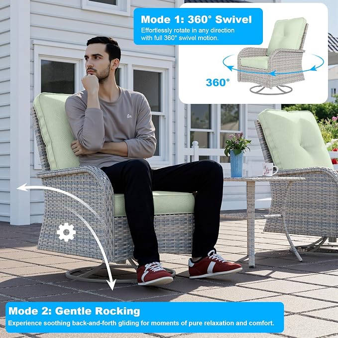 17-Piece Patio Furniture Set, Outdoor Patio Furniture with Swivel Chairs Set, Thick Cushions, Modular Patio Sofa, Dual-Strand Rattan, Rust-Resistant Frame, Light Green