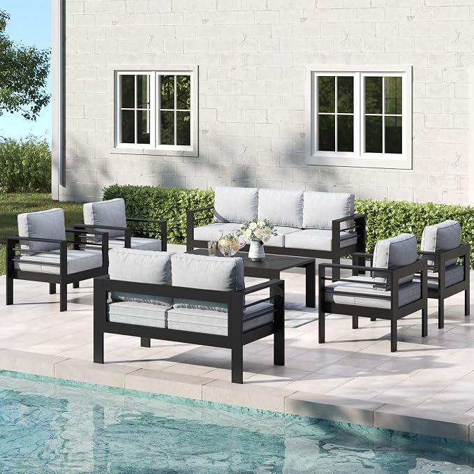 7 Pieces Aluminum Outdoor Patio Furniture Set with Coffee Table, Modern Metal Conversation Sofa Set with Deep Seating for Porch