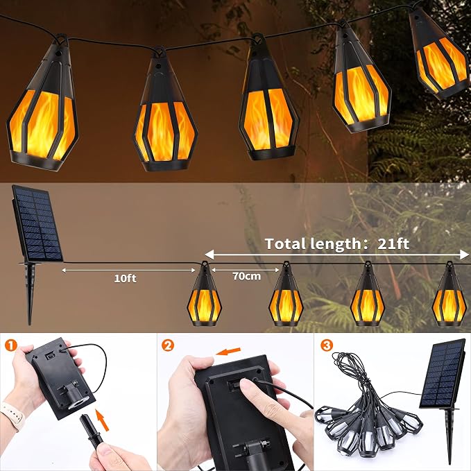 Jnaurb Solar String Lights for Outside, 21Ft Patio Lights with 10 Flickering Flame Light Bulbs, Waterproof Warm White Solar Powered Outdoor Light for Garden Yard Patio Gazebo Bistro Cafe Party Decor