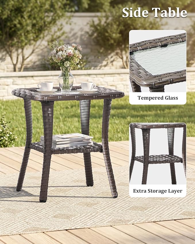 Outdoor Furniture Set of 3, Patio Chairs with Luxury 4" Cushion, Wicker Swivel Rocker Patio Chairs, and Side Table, High Back&Deep Seat for Garden Deck Porch Balcony Backyard - Beige