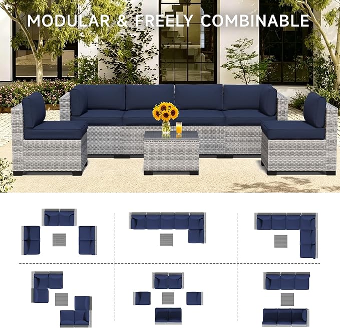 7 Pieces Outdoor Patio Furniture Set, Wicker Modular Sectional Sofa, All Weather Conversation Sets with Glass Table for Yard, Garden, Poolside, Off-White Rattan & Navy Blue Cushions