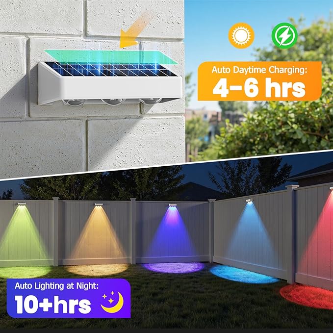 Solar Fence Lights, 12 Pack LED Outdoor Solar Deck Lights with Lenses, RGB Color, IP65 Waterproof, Solar Lights for Outside, Wall, Patio, Railing, Yard (White)