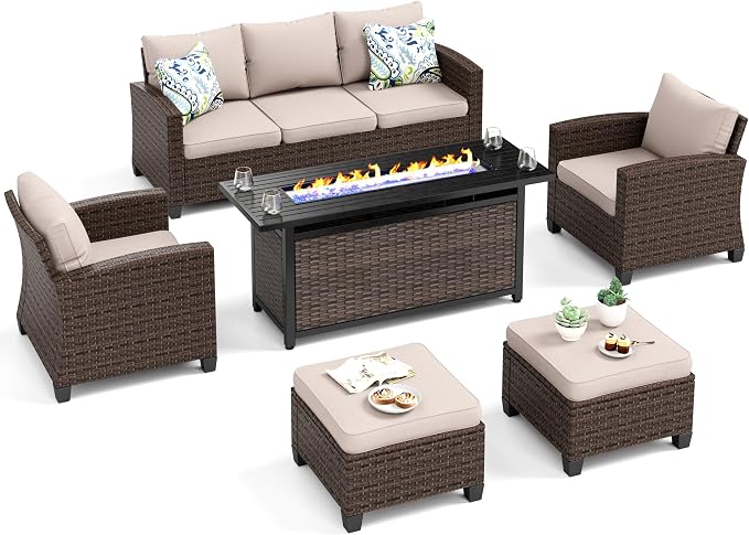 MIXPATIO Patio Furniture Set, 6 Pcs Wicker Rattan Outdoor Conversation Set, 2 x Leg Chairs, 1 x 3 Seater Sofa and 2 x Ottoman with 4" Thick Cushion and 56" Fire Pit Table, Beige