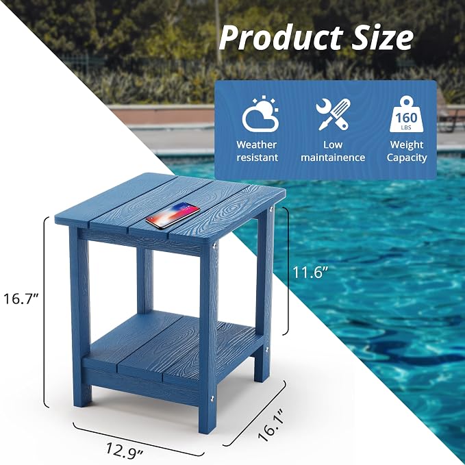 LUE BONA Adirondack Outdoor Side Table, 2-Tier Navy Blue HDPS Patio End Table Weather Resistant, Morden Side Table for Patio, Pool, Porch