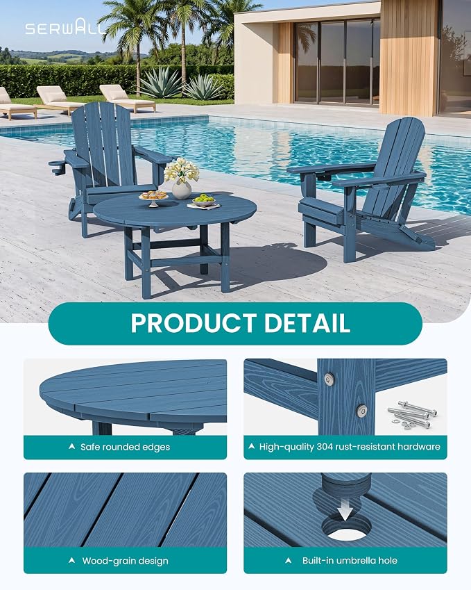 SERWALL 5-Piece Outdoor Furniture Set, Round Coffee Table with Umbrella Hole & Adirondack Chairs with Cup Holders, Blue