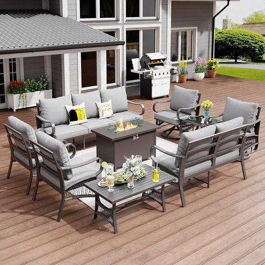 9 Piece Patio Furniture Set with 50000 BTU Propane Fire Pit Table, All Weather Outdoor Conversation Set with 2 Swivel Chairs, Sofa and Thick Cushions for Garden, Porch, Lawn, Grey