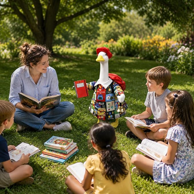 Back to School Porch Goose Outfit,23”Goose Costume Clothes with Apple Hat Schoolbag for School Classroom Home Garden Yard Pathway Patio Decor