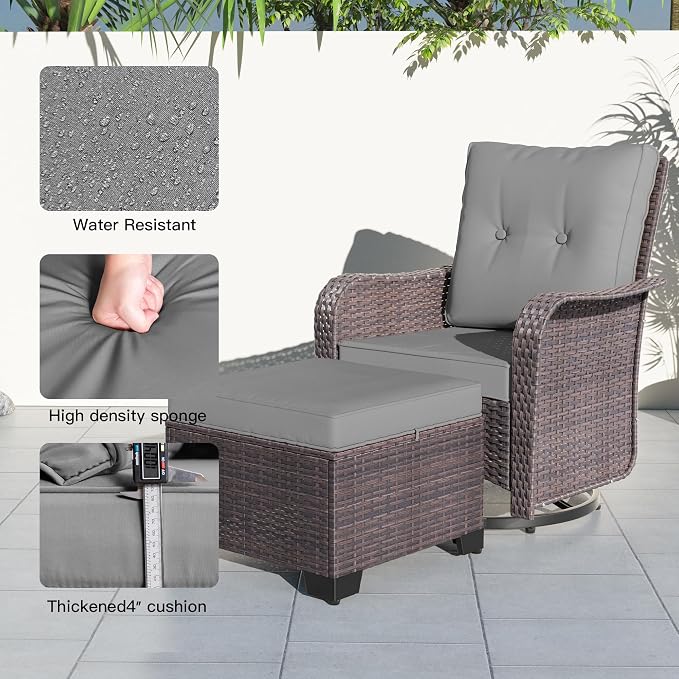 Kullavik 5 Pieces Outdoor Swivel Chairs Set,Patio Wicker Rocker Chairs with 4" Thick Cushions,Side Table and Ottomans,Patio Conversation Furniture Set for Patio Porch Deck Backyard,Grey