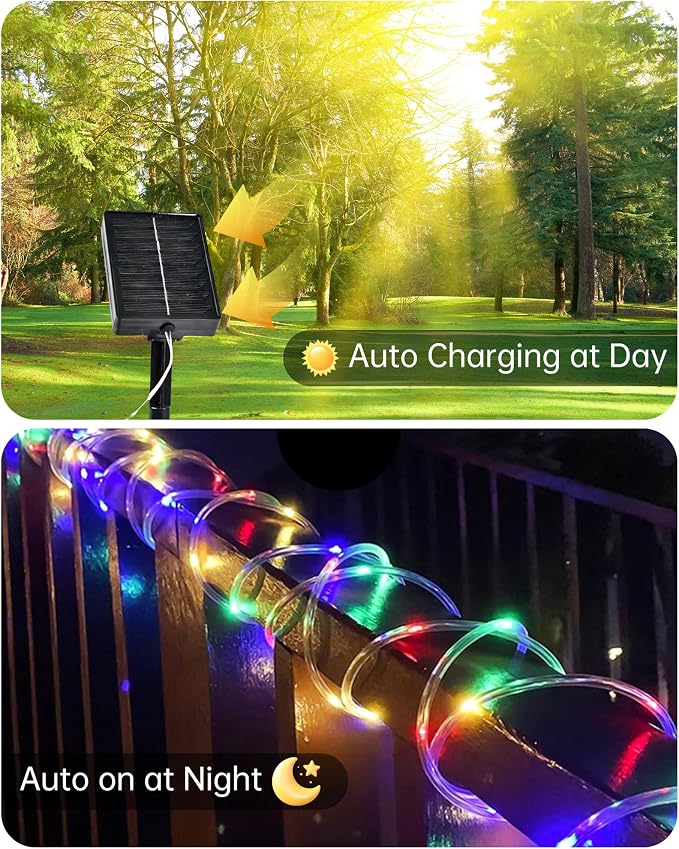 Solar Rope Lights Outdoor, 2 Packs Total 144FT 400LED Solar String Lights with 8 Lighting Modes, Waterproof Solar Powered Fairy Lights for Party Garden Yard Home Holiday Tree Decoration, Multicolor