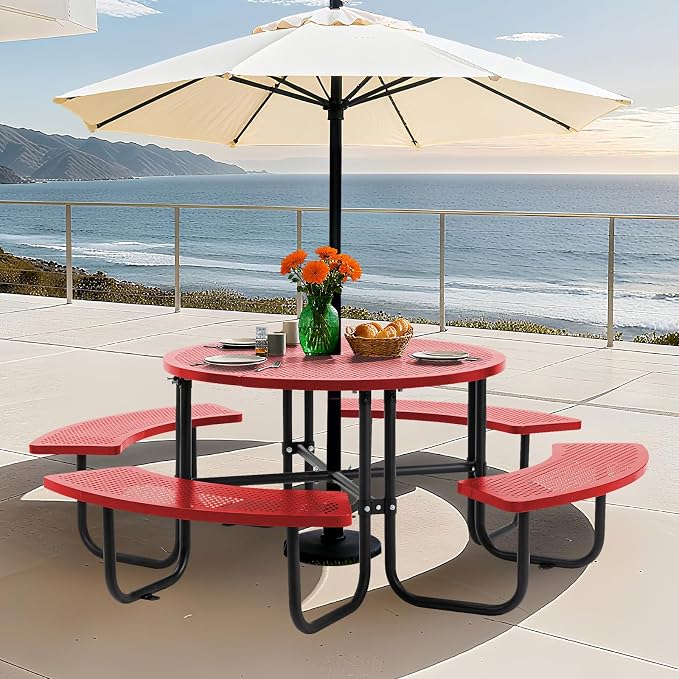 46" Round Metal Picnic Table with Umbrella Hole, Heavy Duty Portable Outdoor Dining Set, All-Weather Steel BBQ Party Table for Patio Garden Backyard, Red (Red-Round)