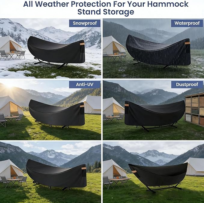 Heavy Duty Waterproof Hammock Cover with Stand - Patio Swing Bed Protector, Weatherproof UV-Resistant Oxford Shield, Windproof Buckles, Night-Reflective Handles, Fits 12ft Spreader Bar