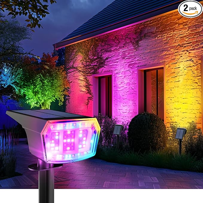 Solar Spot Lights Outdoor Waterproof, Solar Spotlights, 2 Packs, RGB | 63 LED, 9 Lighting Modes, Color Changing Solar Landscape Lights for Halloween & Christmas Decorations, Yard, Garden, House
