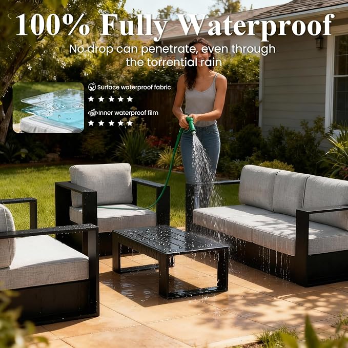 LayinSun Oversized Aluminum Outdoor Furniture Set, 5 Piece Patio Sofa Sets with Fire Pit Table, Deep Seating and Upgraded 6-inch Cushions for Porch, Balcony, Deck