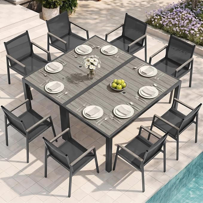 Outdoor Dining Set for 8, Aluminum Patio Table and Chairs Set, 10-Piece All Weather Patio Dining Furniture Set with Umbrella Hole for Backyard, Deck, Poolside (Gray)