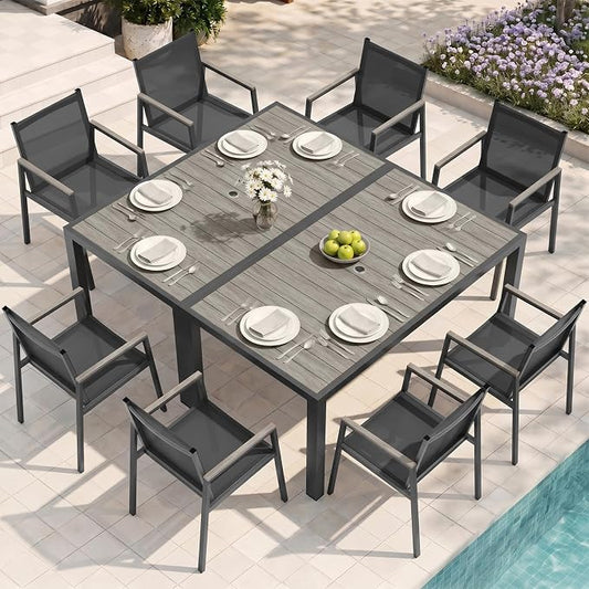 Outdoor Dining Set for 8, Aluminum Patio Table and Chairs Set, 10-Piece All Weather Patio Dining Furniture Set with Umbrella Hole for Backyard, Deck, Poolside (Gray)
