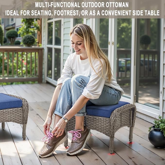 Belord 5 Piece Swivel Rocker Glider Outdoor Chairs Set of 2 with Ottoman and Glass Side Table Patio Bistro Furniture Set, Comfort High Back Wicker Patio Conversation Set for Deck Porch Sunroom