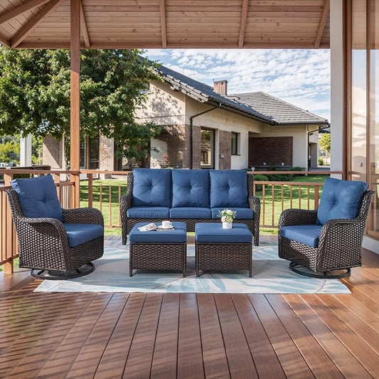 HUMMUH Patio Furniture 5 Pieces Outdoor Furniture Set Wicker Outdoor Sectional Sofa with Swivel Rocking Chairs,Patio Ottomans