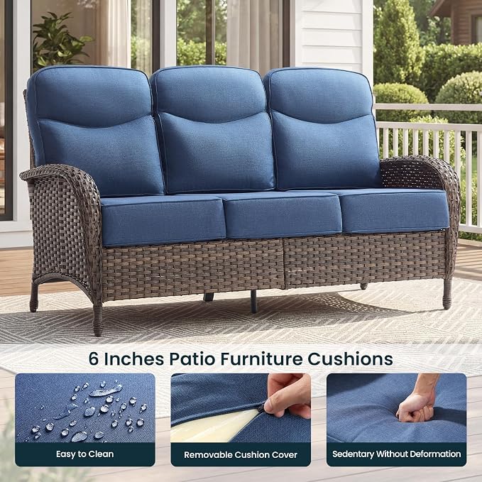 High Back Luxury Patio Furniture Set with 6-inch Thick Cushion, Swivel Rocker Patio Chairs with Outdoor Couch, 6 Piece Wicker Conversation Set for Deck Yard Garden Balcony Blue Cushion