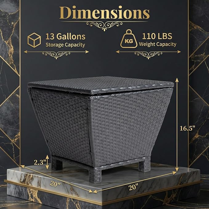 Outdoor PE Wicker Side Table with Storage, 13 Gallon Patio Storage Bin Container with Air Spring Lid, All-Weather Handwoven Rattan Coffee Table for Deck, Poolside & Garden, Black