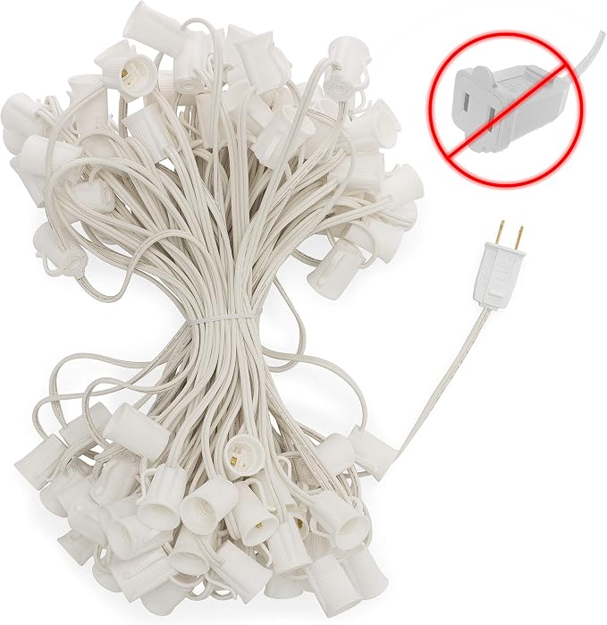 C9 Light Strings | 100' White Cord with 12" Socket Spacing, E17 Light Stringer for C9 Christmas Lights