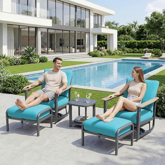 Aluminum Swivel Rocking Chairs with Ottomans, 5-Piece Outdoor Patio Furniture Set, Metal Gliders with Side Table, Wood-Like Armrests & 5.1" Thick Cushions for Porch, Blue