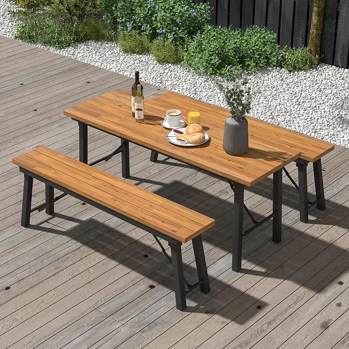 HAPPYGRILL Folding Picnic Table Acacia Wood Dining Table with Metal Frame, Portable Camping BBQ Table, Rectangular Dining Table for Indoor Outdoor Activities Garden Yard Patio