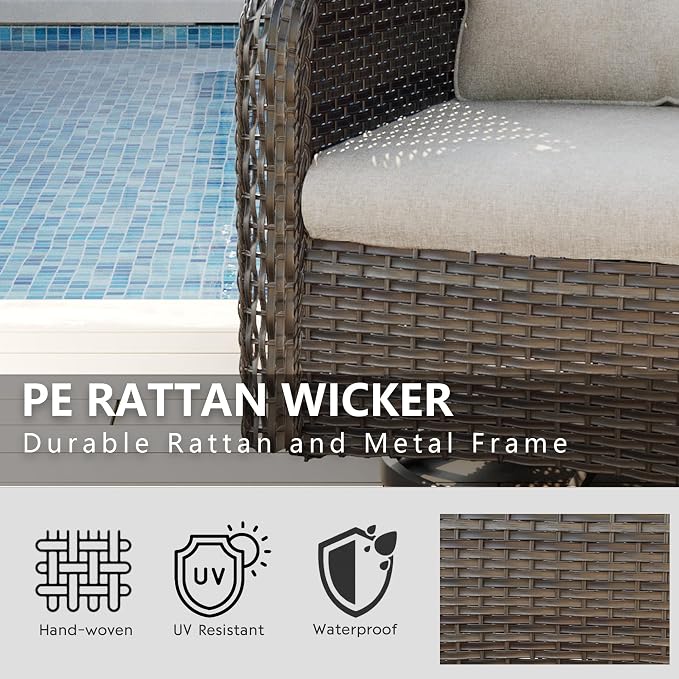 Wicker Patio Furniture Set 6 Piece Set with 1 Three-Seat Sofa, 2 Swivel Rocker Chairs, 2 Ottomans and 1 Side Table, Outdoor Furniture Patio Conversation Sets(Mixed Grey/Beige)