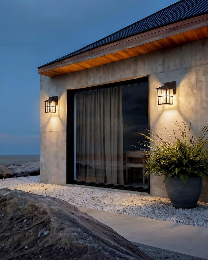 KDG Brown Outdoor Waterproof Modern Patio Wall Light Fixtures Set of 2 | E26 Socket Exterior Lanterns & Sconce with Tempered Glass, Wall Mounted Lamps for Home, Front Door, Garden, Garage, Porch