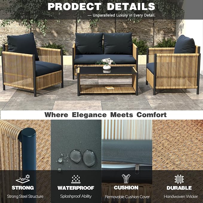 4 Pieces Aluminum Outdoor Patio Furniture Set - 2 Pcs Armchair, Loveseat & Dual-Layer Coffee Table - Rope Sectional Conversation Sofa Sets with Washable Thick Cushion for Garden, Backyard, Porch