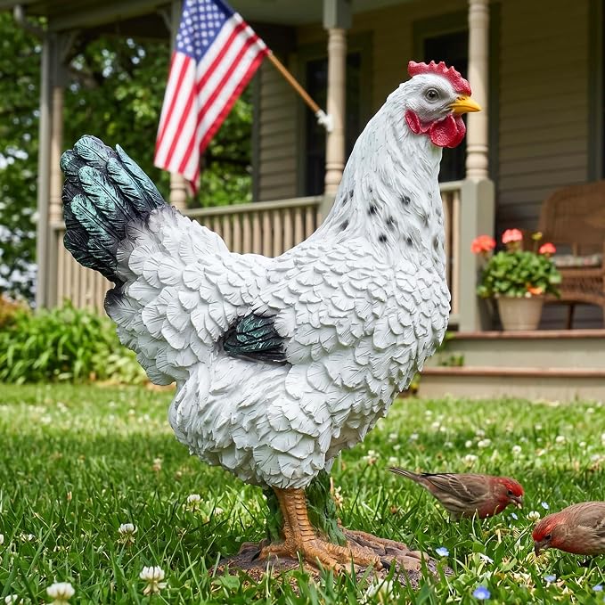 13.4" Realistic Chicken Yard Art - Rustic Outdoor Chicken Statues, Funny Farm Sculpture, Garden Chicken Decor, Fence Decoration, Hand-Painted Resin Figurines for Patio & Backyard
