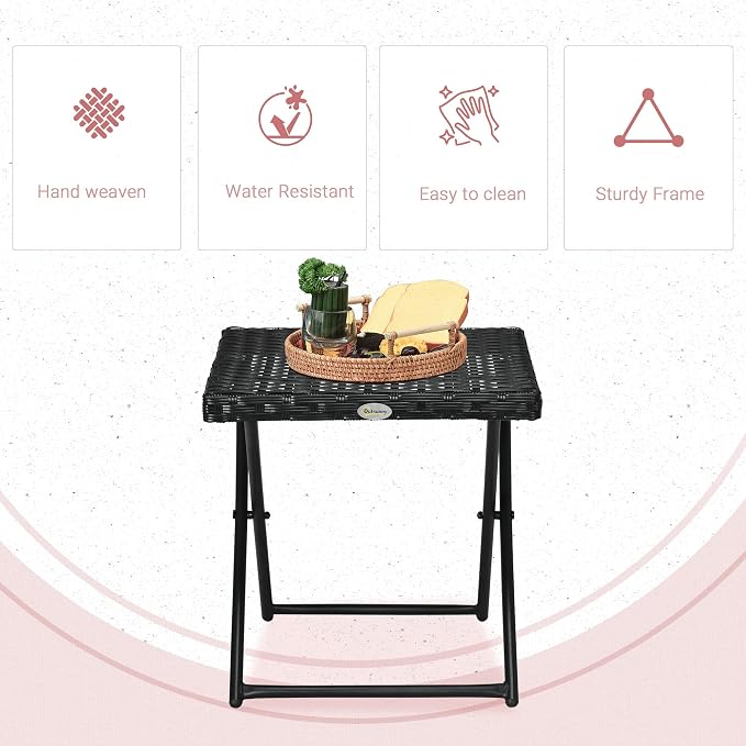 Outsunny Rattan Coffee Table Folding Patio Outdoor Side Table Wicker for Balcony, Porch, Poolside, 15.75"x15.75"x15.75", Black
