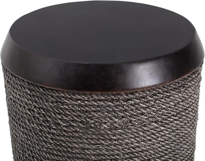 Retro Outdoor Side Table Round Concrete Side Tables with Simulated Braided Rope Finish, Cylindrical Patio End Table for Living Room Garden Balcony,Fully Assembled,Dark Brown